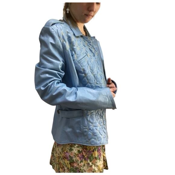 90s Kaptain Celebrity Design Blue Bubble Leather Moto Jacket Quilted - Picture 4 of 7